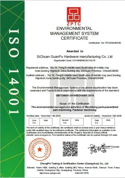 ISO 14001 environmental management system certificate